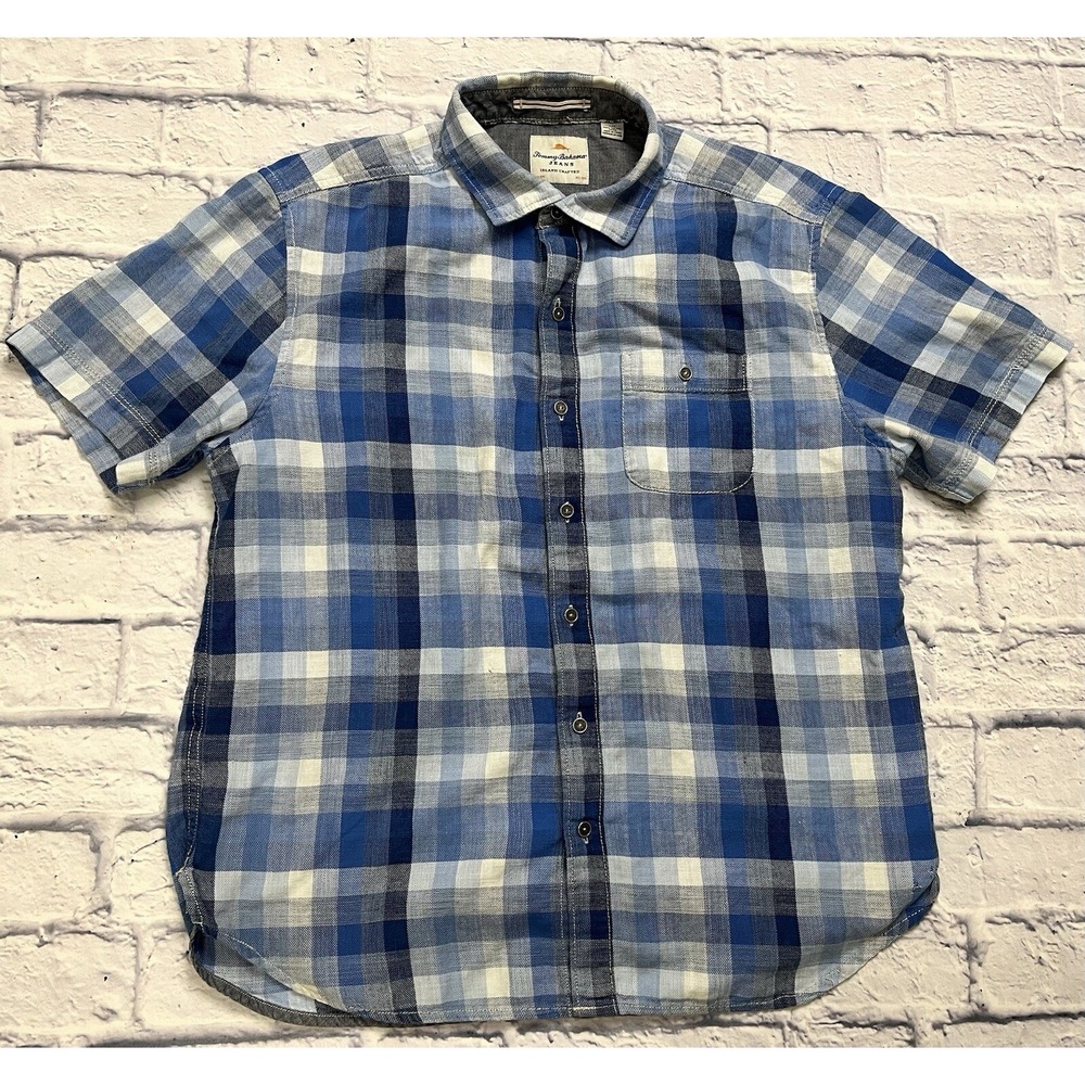Tommy Bahama Mens Short Sleeve Blue Plaid Button Up Shirt Size Large